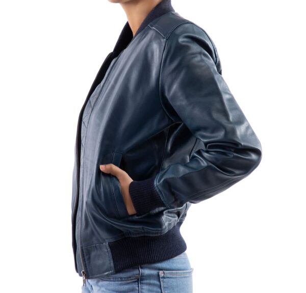 Womens Bomber Leather Jacket-Blue - Image 4