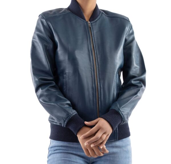 Womens Bomber Leather Jacket-Blue - Image 3