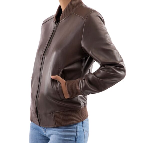 Womens Bomber Leather Jacket-Brown - Image 2