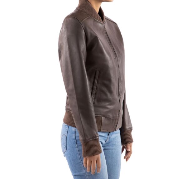 Womens Bomber Leather Jacket-Brown - Image 3