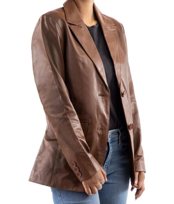 Classic 2-Button Lambskin Leather Blazer Women-Cognac - Image 2