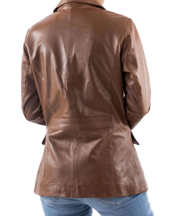 Classic 2-Button Lambskin Leather Blazer Women-Cognac - Image 3