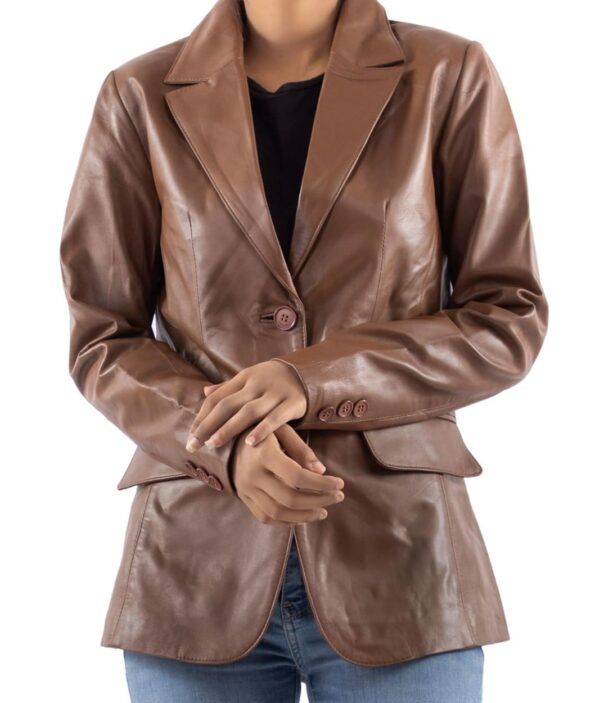 Classic 2-Button Lambskin Leather Blazer Women-Cognac - Image 4